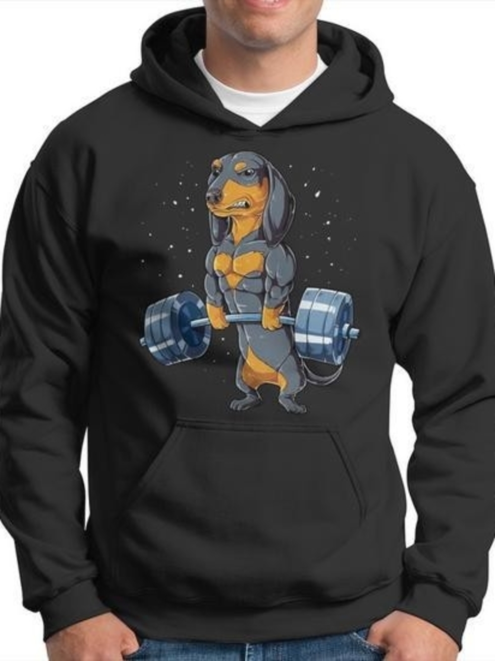 Men's Black Dachshund Weightlifting Graphic Hoodie - Unbranded
